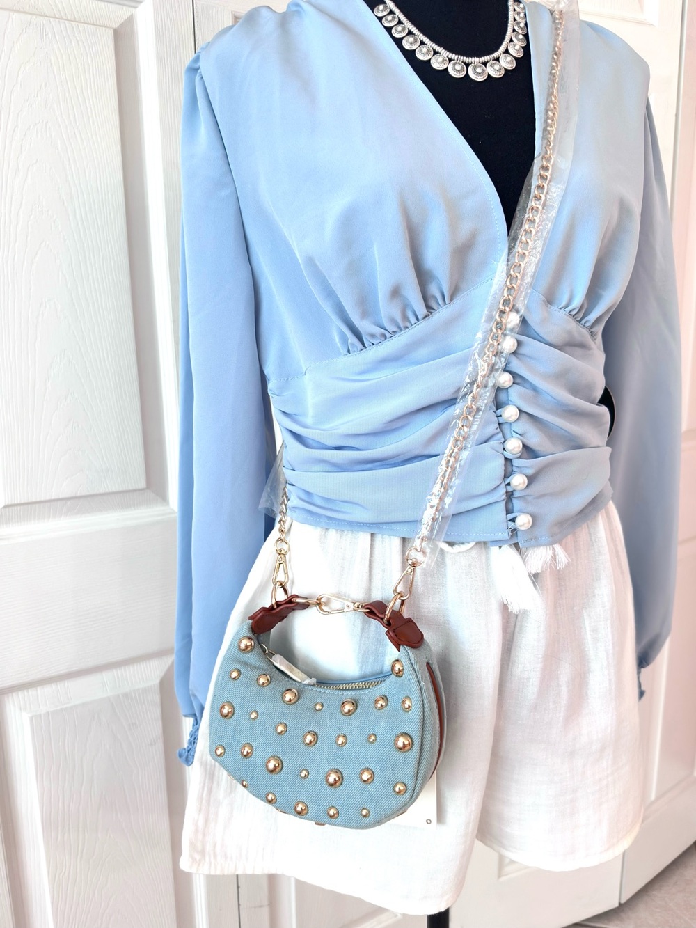 LE MIEL ~ Light Wash Denim Gold Studded Mini Bag w/Crossbody Chain Vegan PU - Picture 8 of 11